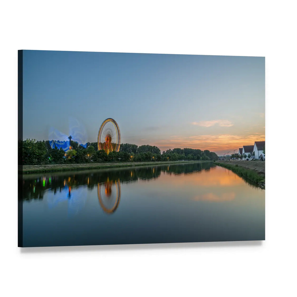 Glowing Ferris Wheel at Dusk Canvas Wall Art, single panel gallery wrapped canvas, angled product view