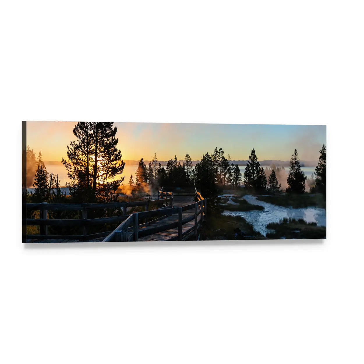 Yellowstone Sunrise Boardwalk Scene Panoramic Canvas Wall Art, single panel gallery wrapped canvas, angled product view
