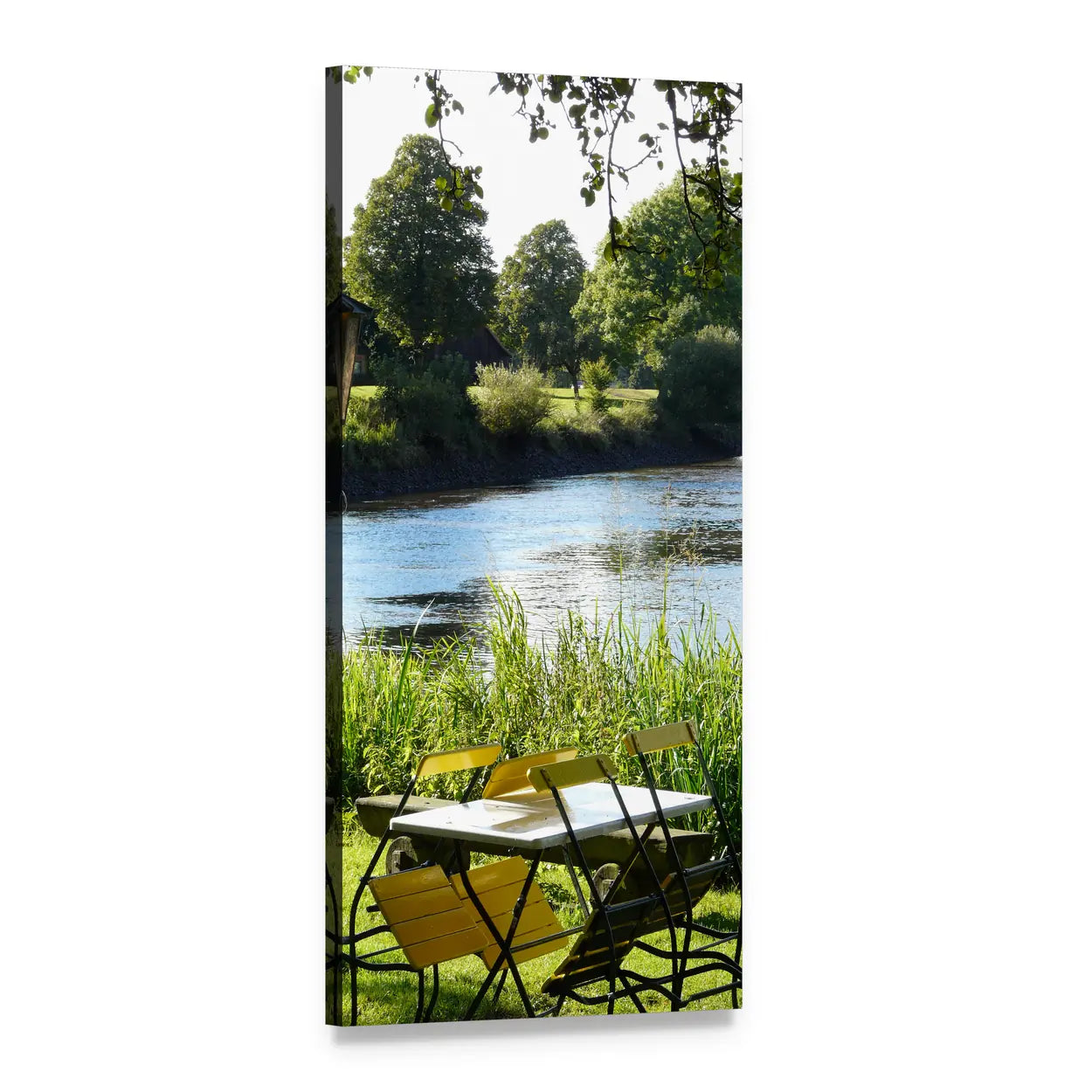 Bremen Lake Riverbank with Yellow Chairs Vertical Canvas Wall Art, 1 panel 1 Vertical layout gallery wrapped canvas set, angled product view