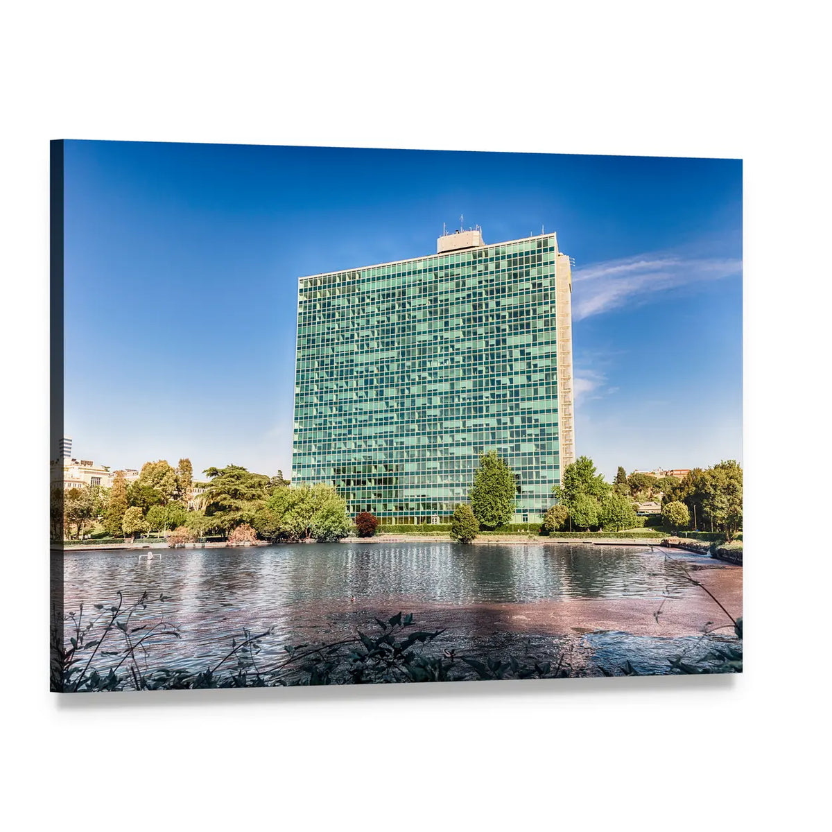 Modern Glass Building with Lake Reflections Canvas Wall Art, single panel gallery wrapped canvas, angled product view