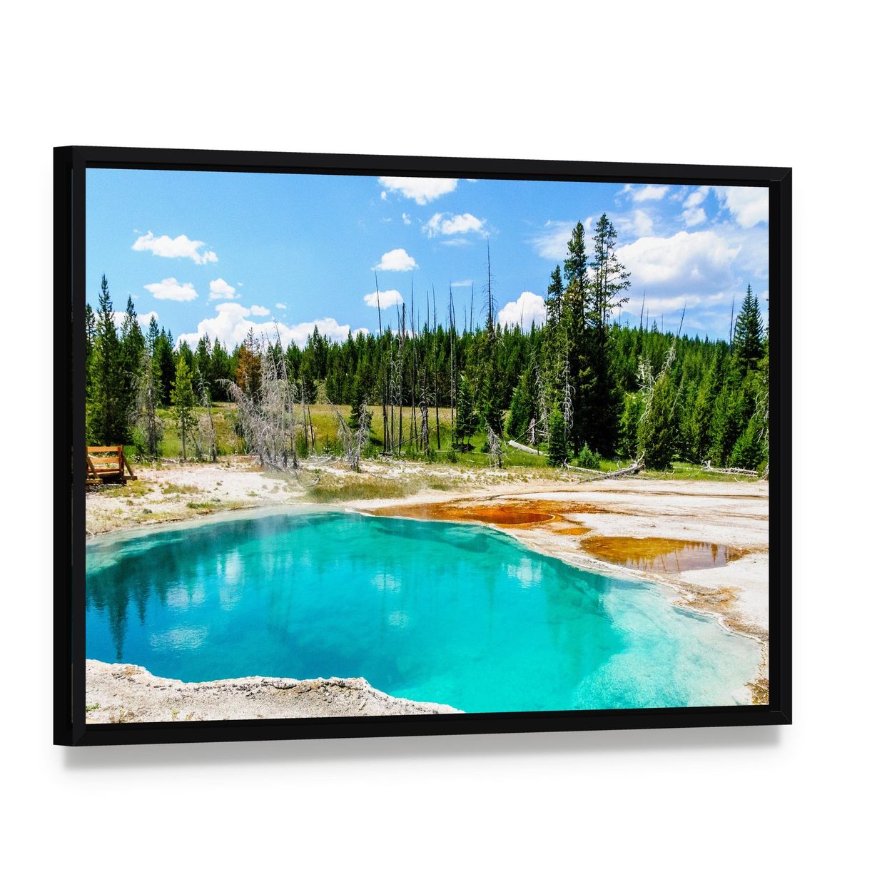 Yellowstone Turquoise Hot Spring Canvas Wall Art, framed canvas in a black floater frame, angled product view