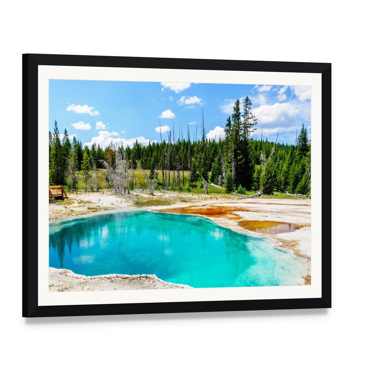 Yellowstone Turquoise Hot Spring Canvas Wall Art, framed print with white mat and black frame, angled product view