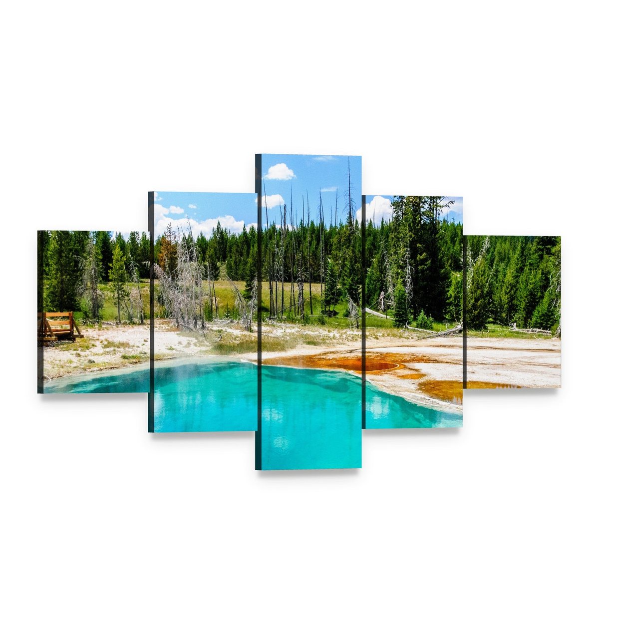 Yellowstone Turquoise Hot Spring Canvas Wall Art, 5 panel 5 Star layout gallery wrapped canvas set, angled product view