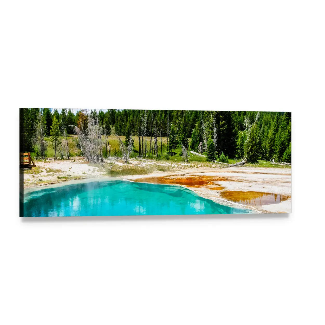 Yellowstone Hot Spring Landscape Panoramic Canvas Wall Art, single panel gallery wrapped canvas, angled product view