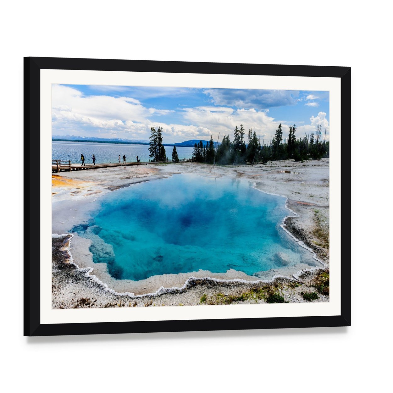 West Thumb Geyser Basin Landscape Canvas Wall Art, framed print with white mat and black frame, angled product view