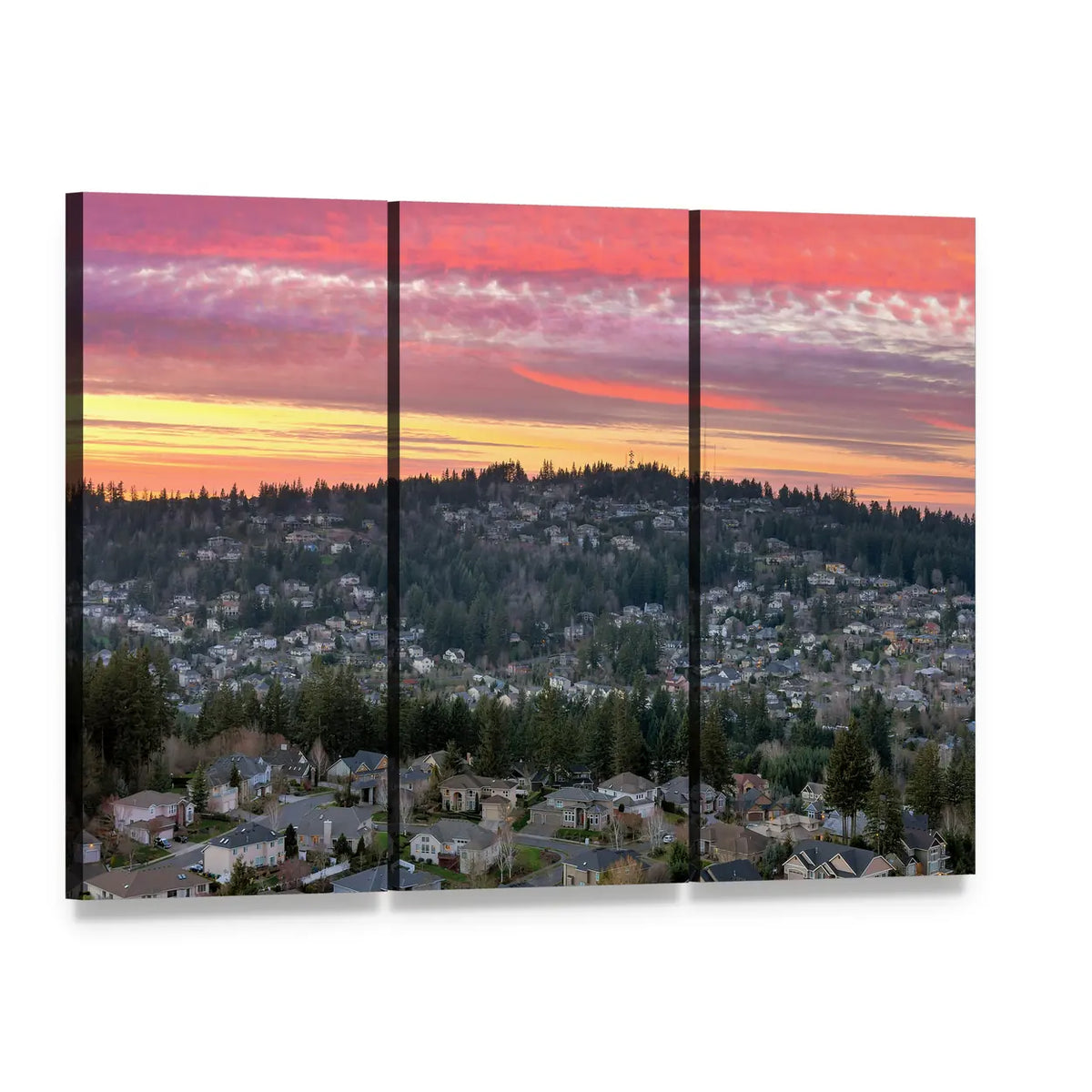 Oregon Valley at Sunset Canvas Wall Art, 3 panel 3 Horizontal layout gallery wrapped canvas set, angled product view