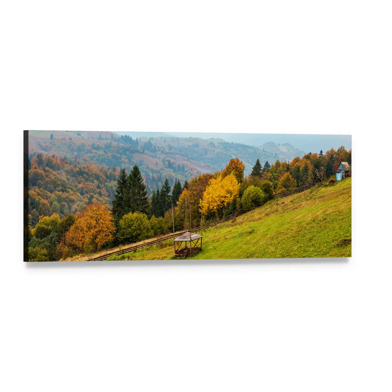 Carpathian Autumn Hills with Blue Cottage Panoramic Canvas Wall Art, single panel gallery wrapped canvas, angled product view