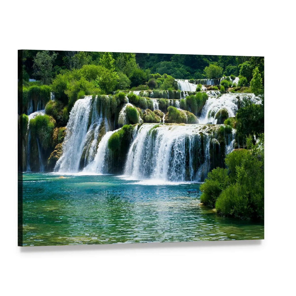 Cascading Forest Waterfall Canvas Wall Art, single panel gallery wrapped canvas, angled product view