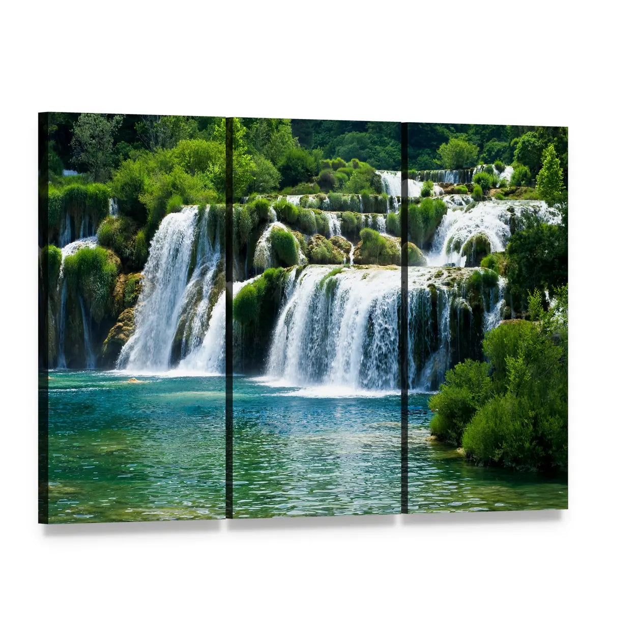 Cascading Forest Waterfall Canvas Wall Art, 3 panel 3 Horizontal layout gallery wrapped canvas set, angled product view