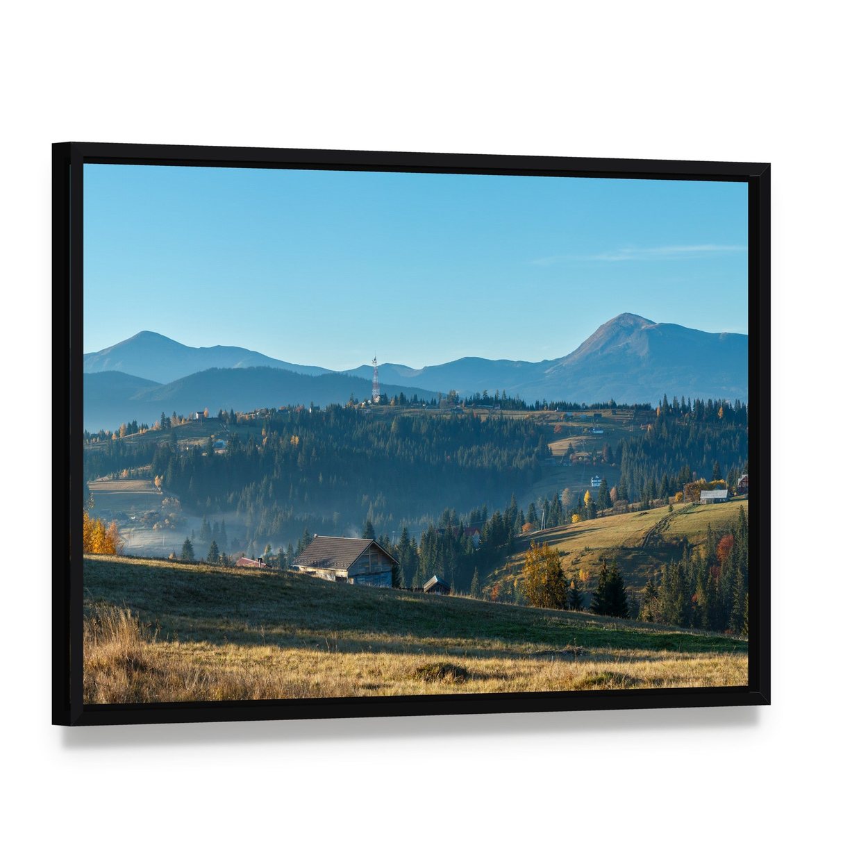 Morning in the Carpathian Mountains Canvas Wall Art, framed canvas in a black floater frame, angled product view