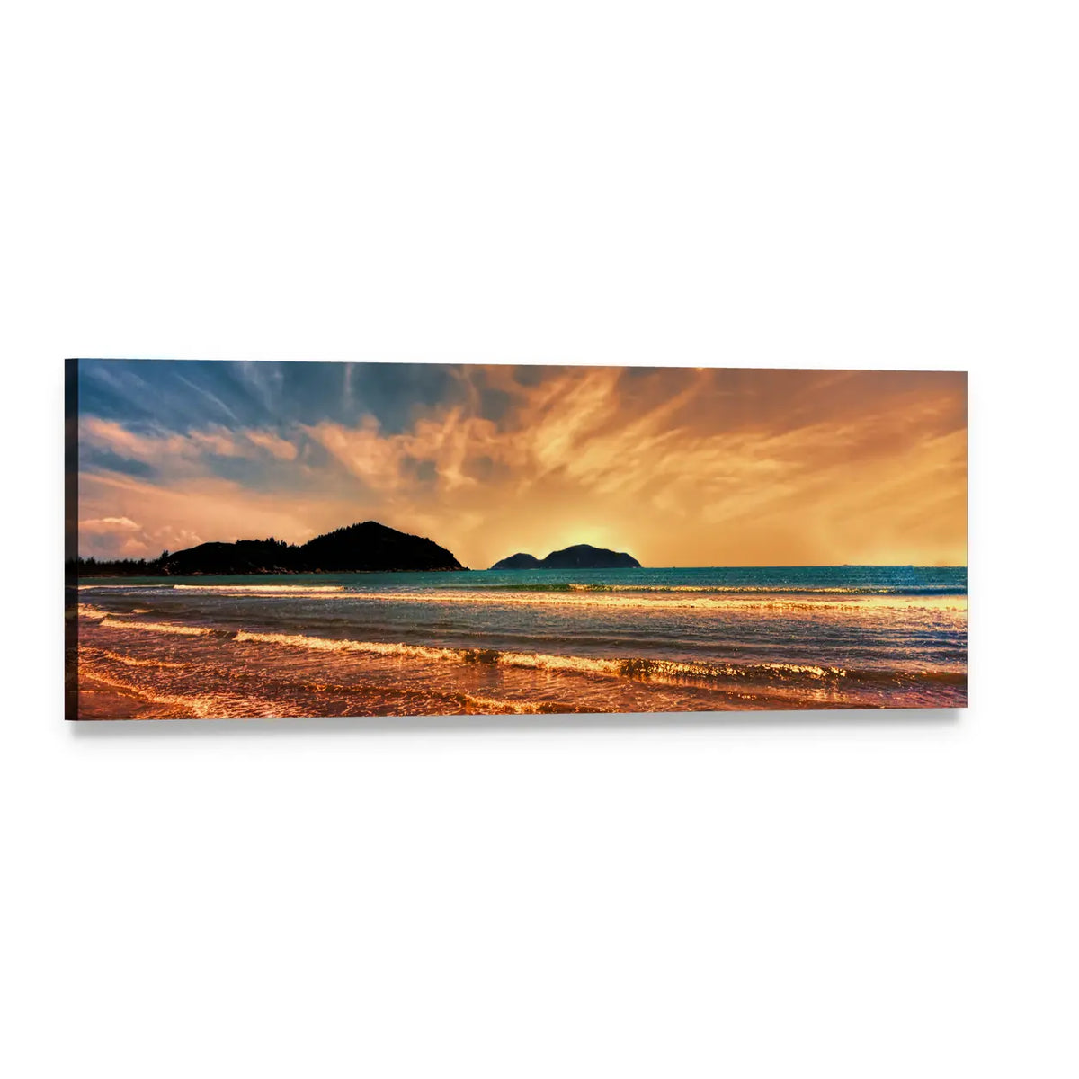 Golden Hour Beach with Distant Mountains Panoramic Canvas Wall Art, single panel gallery wrapped canvas, angled product view