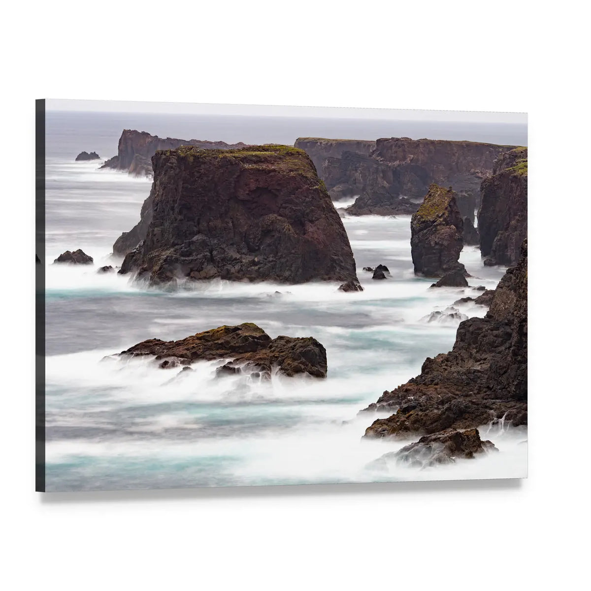 Misty Sea Stacks and Rugged Cliffs Canvas Wall Art, single panel gallery wrapped canvas, angled product view