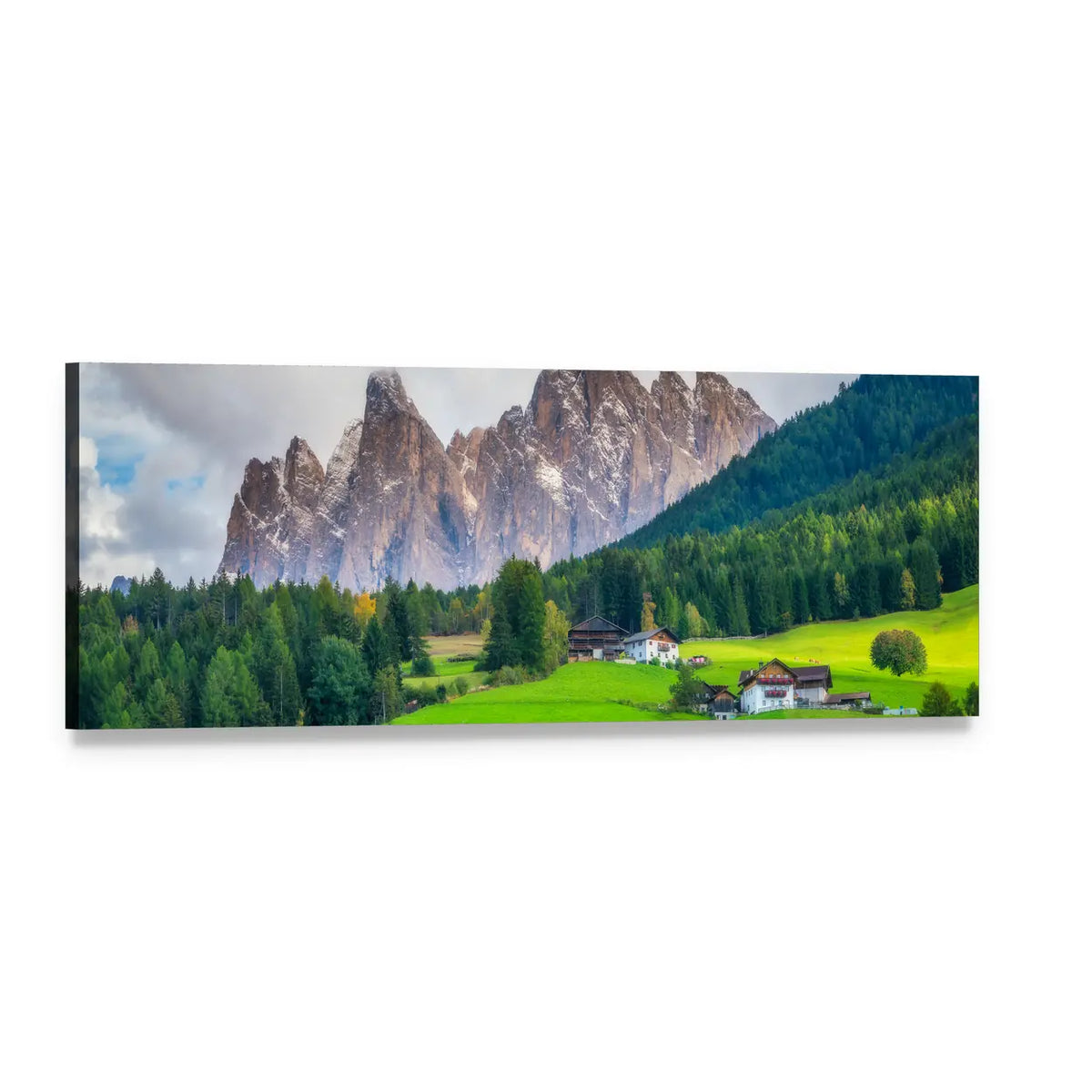 Alpine Village with Snow-capped Peaks Panoramic Canvas Wall Art, single panel gallery wrapped canvas, angled product view