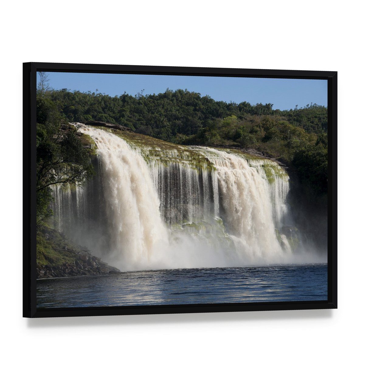 Cascading Waterfall in Lush Forest Canvas Wall Art, framed canvas in a black floater frame, angled product view