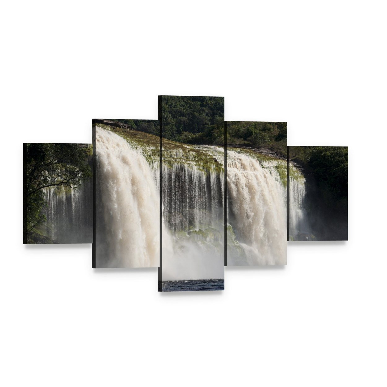 Cascading Waterfall in Lush Forest Canvas Wall Art, 5 panel 5 Star layout gallery wrapped canvas set, angled product view