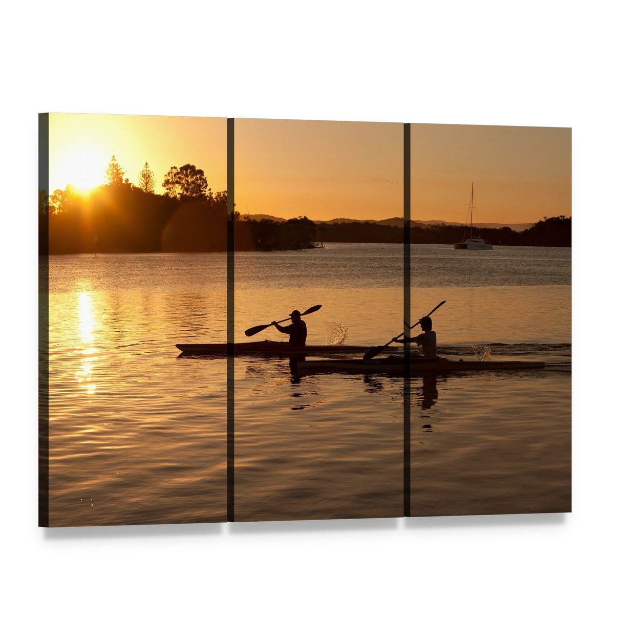 Sunset Kayaking on Calm Waters Canvas Wall Art, 3 panel 3 Horizontal layout gallery wrapped canvas set, angled product view