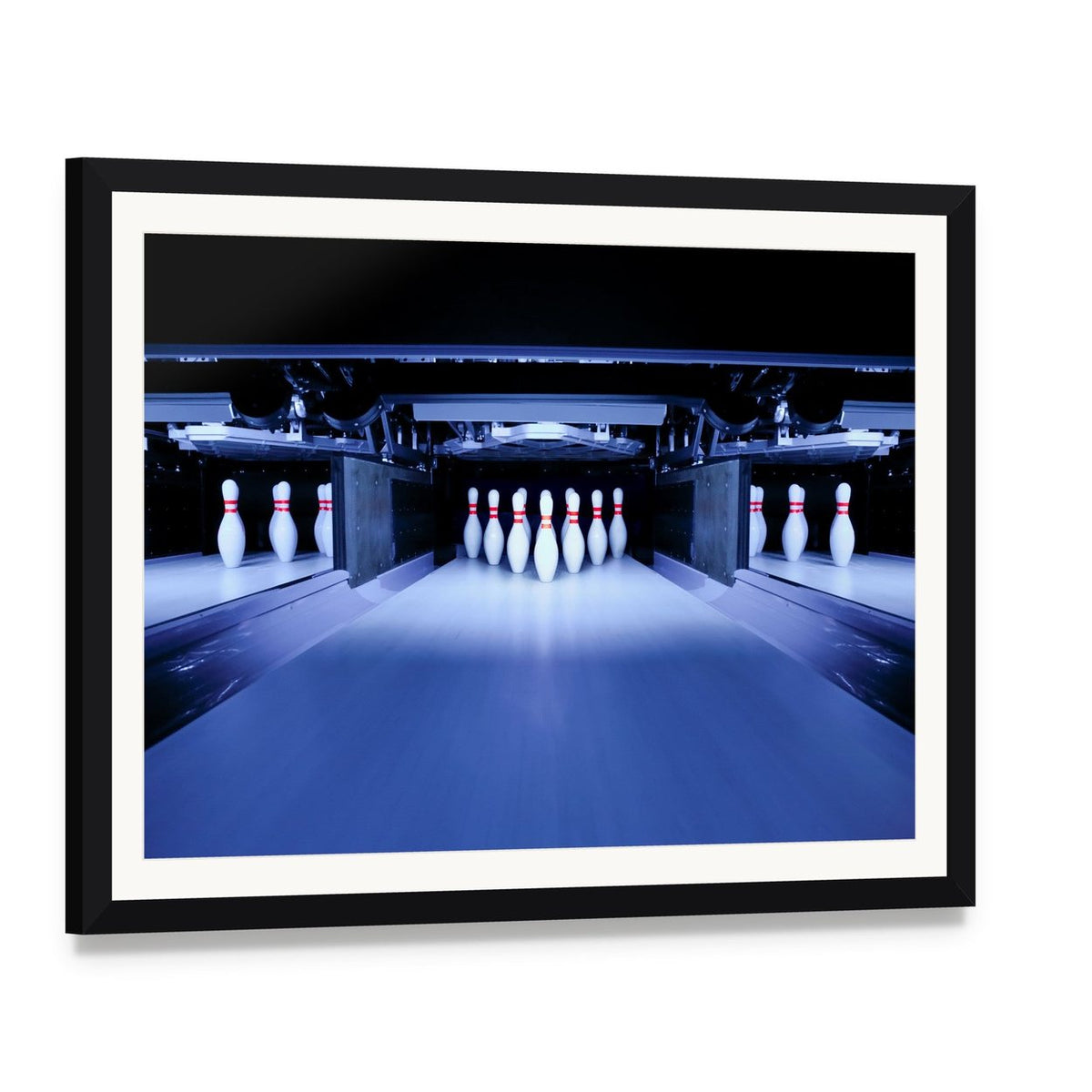 Bowling Pins Canvas Wall Art, framed print with white mat and black frame, angled product view