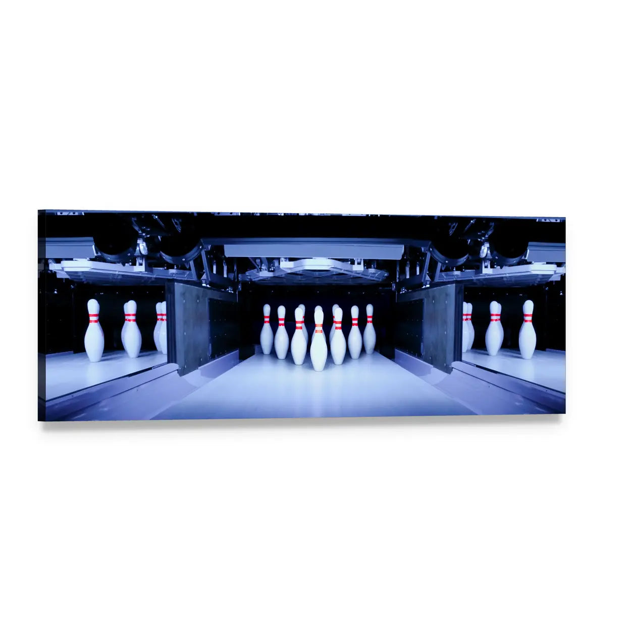 Bowling Pins and Lanes Panoramic Canvas Wall Art, single panel gallery wrapped canvas, angled product view