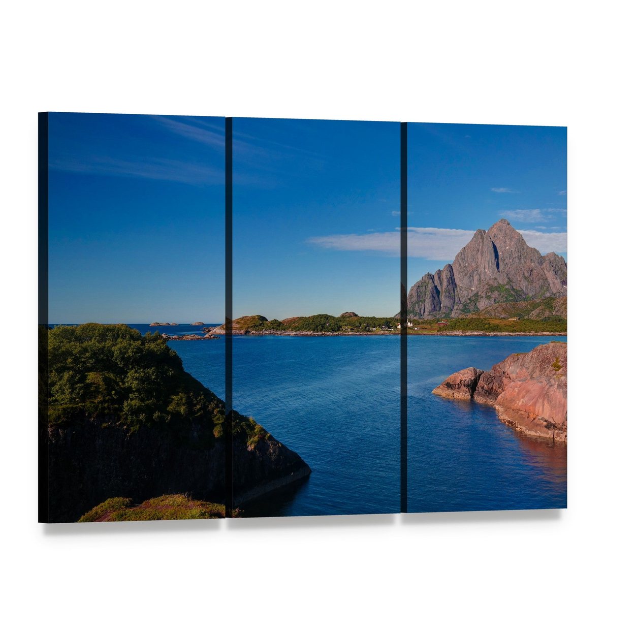 Orsvagvaer Village Coastal Landscape Canvas Wall Art, 3 panel 3 Horizontal layout gallery wrapped canvas set, angled product view