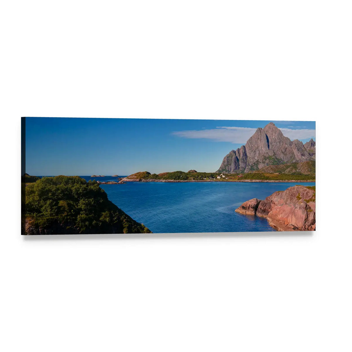 Orsvagvaer Village Coastal Landscape Panoramic Canvas Wall Art, single panel gallery wrapped canvas, angled product view