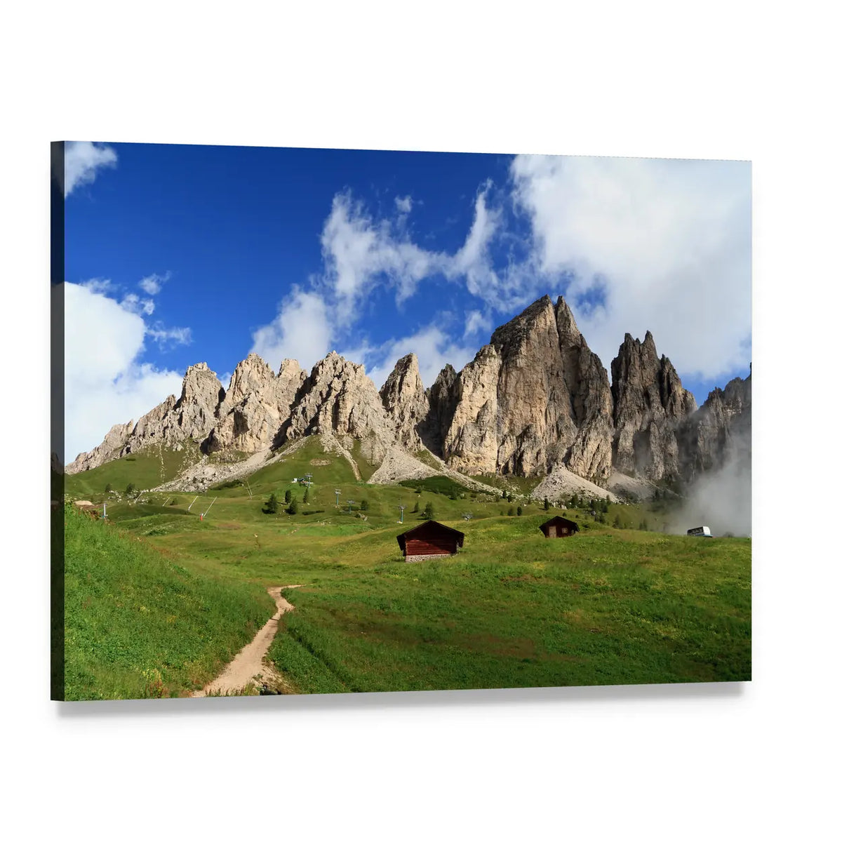 Summer Mountain Meadow with Two Wooden Cabins Canvas Wall Art, single panel gallery wrapped canvas, angled product view