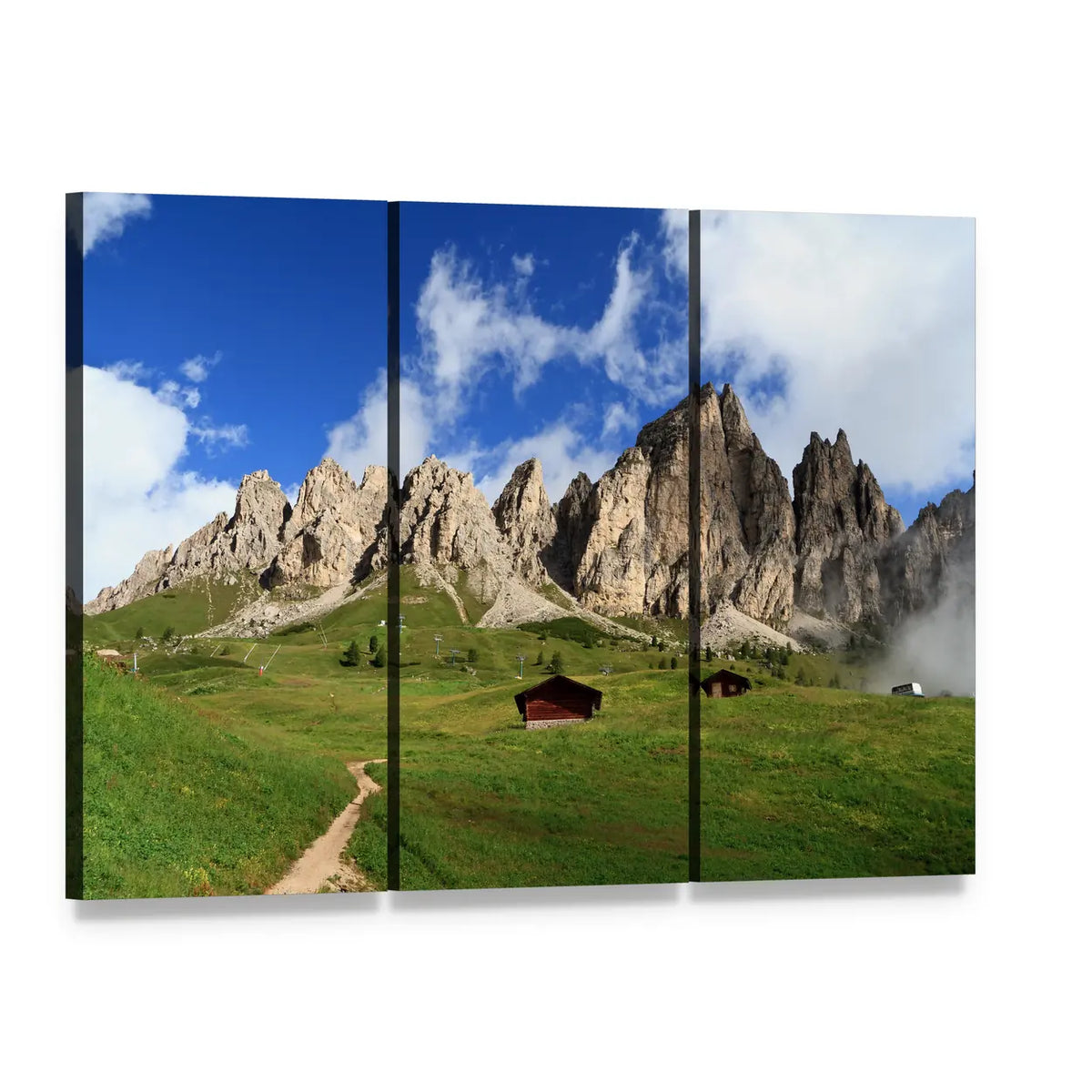 Summer Mountain Meadow with Two Wooden Cabins Canvas Wall Art, 3 panel 3 Horizontal layout gallery wrapped canvas set, angled product view