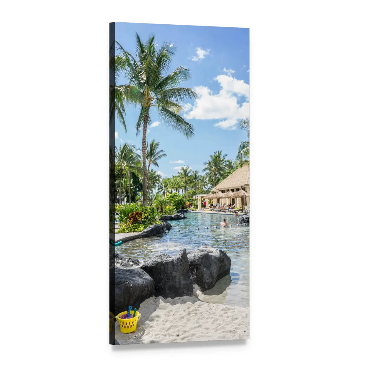 Thatched Cabana at Tropical Resort Pool Vertical Canvas Wall Art, 1 panel 1 Vertical layout gallery wrapped canvas set, angled product view