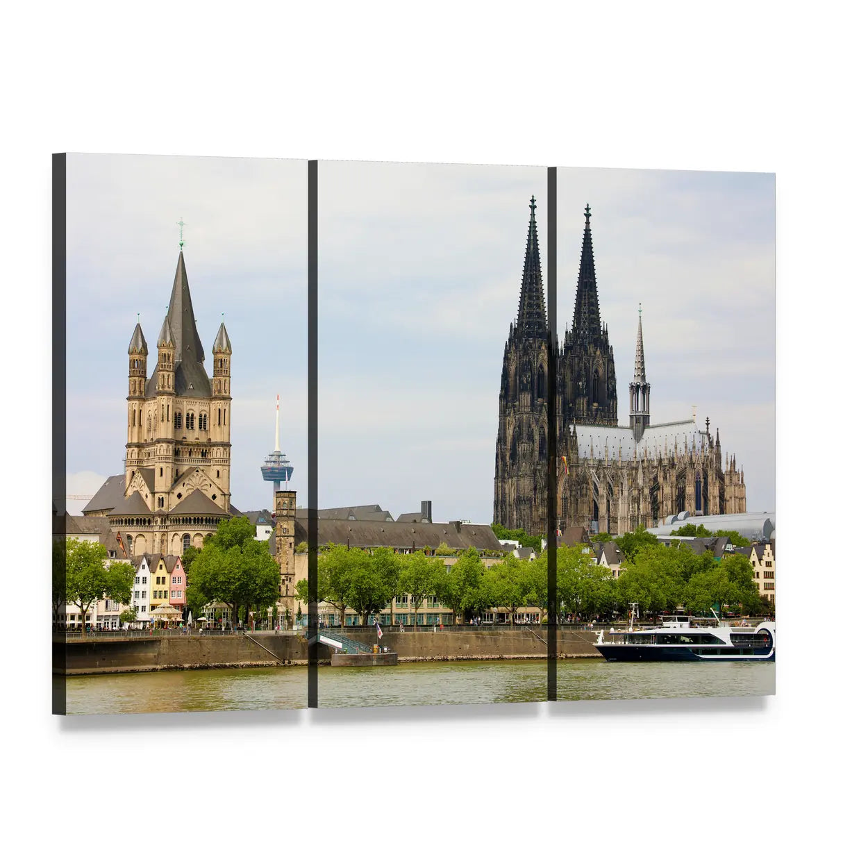 Cologne Cathedral and Hohenzollern Bridge Canvas Wall Art, 3 panel 3 Horizontal layout gallery wrapped canvas set, angled product view