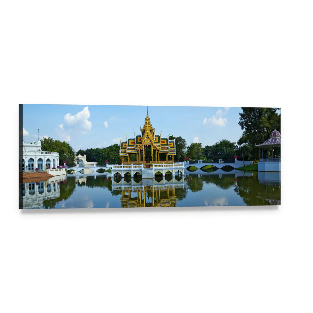 Bang Pa-in Palace Pavilion Reflection Panoramic Canvas Wall Art, single panel gallery wrapped canvas, angled product view
