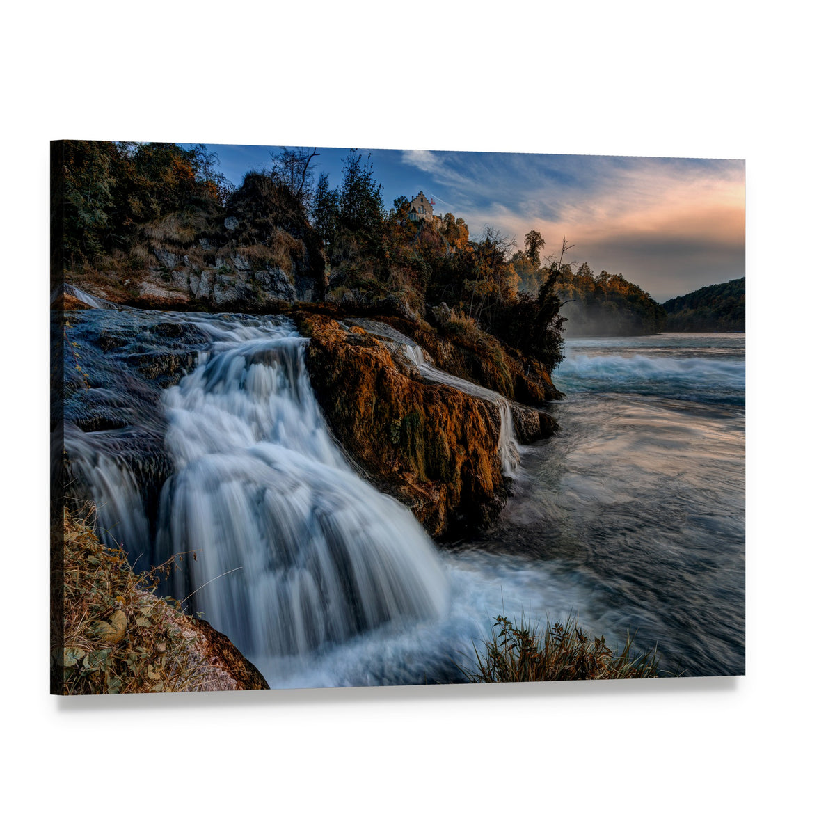 Rhine Falls Waterfall at Sunset Canvas Wall Art, single panel gallery wrapped canvas, angled product view