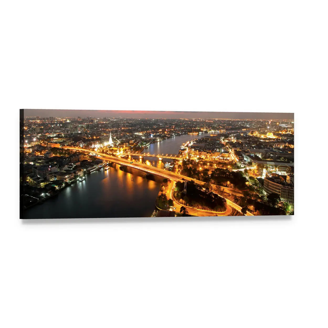 Illuminated Memorial Bridge Night Skyline Thailand Panoramic Canvas Wall Art, single panel gallery wrapped canvas, angled product view