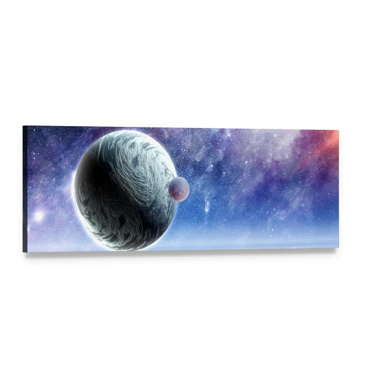 Swirling Planet and Starry Sky Panoramic Canvas Wall Art, single panel gallery wrapped canvas, angled product view