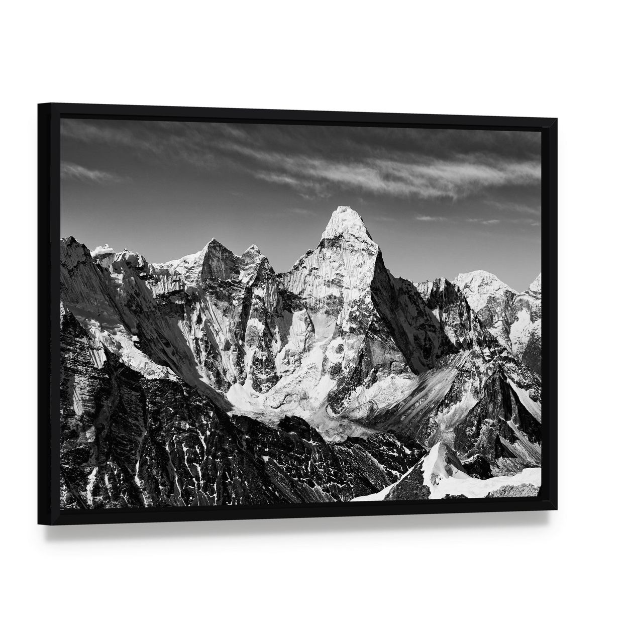 Ama Dablam in Black and White Canvas Wall Art, framed canvas in a black floater frame, angled product view
