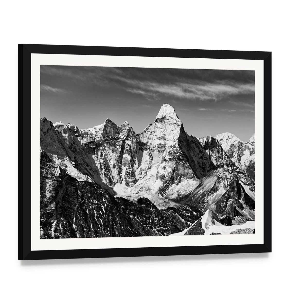 Ama Dablam in Black and White Canvas Wall Art, framed print with white mat and black frame, angled product view