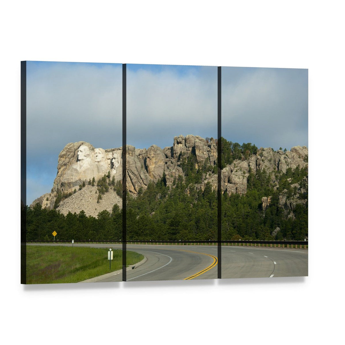 Mount Rushmore with Curving Road Canvas Wall Art, 3 panel 3 Horizontal layout gallery wrapped canvas set, angled product view