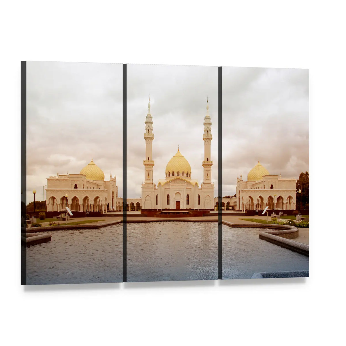 White Mosque in Tatarstan Canvas Wall Art, 3 panel 3 Horizontal layout gallery wrapped canvas set, angled product view
