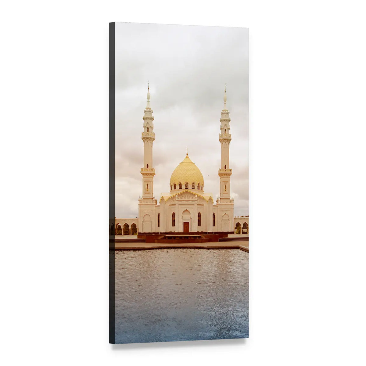 White Mosque with Golden Dome and Minarets Vertical Canvas Wall Art, 1 panel 1 Vertical layout gallery wrapped canvas set, angled product view