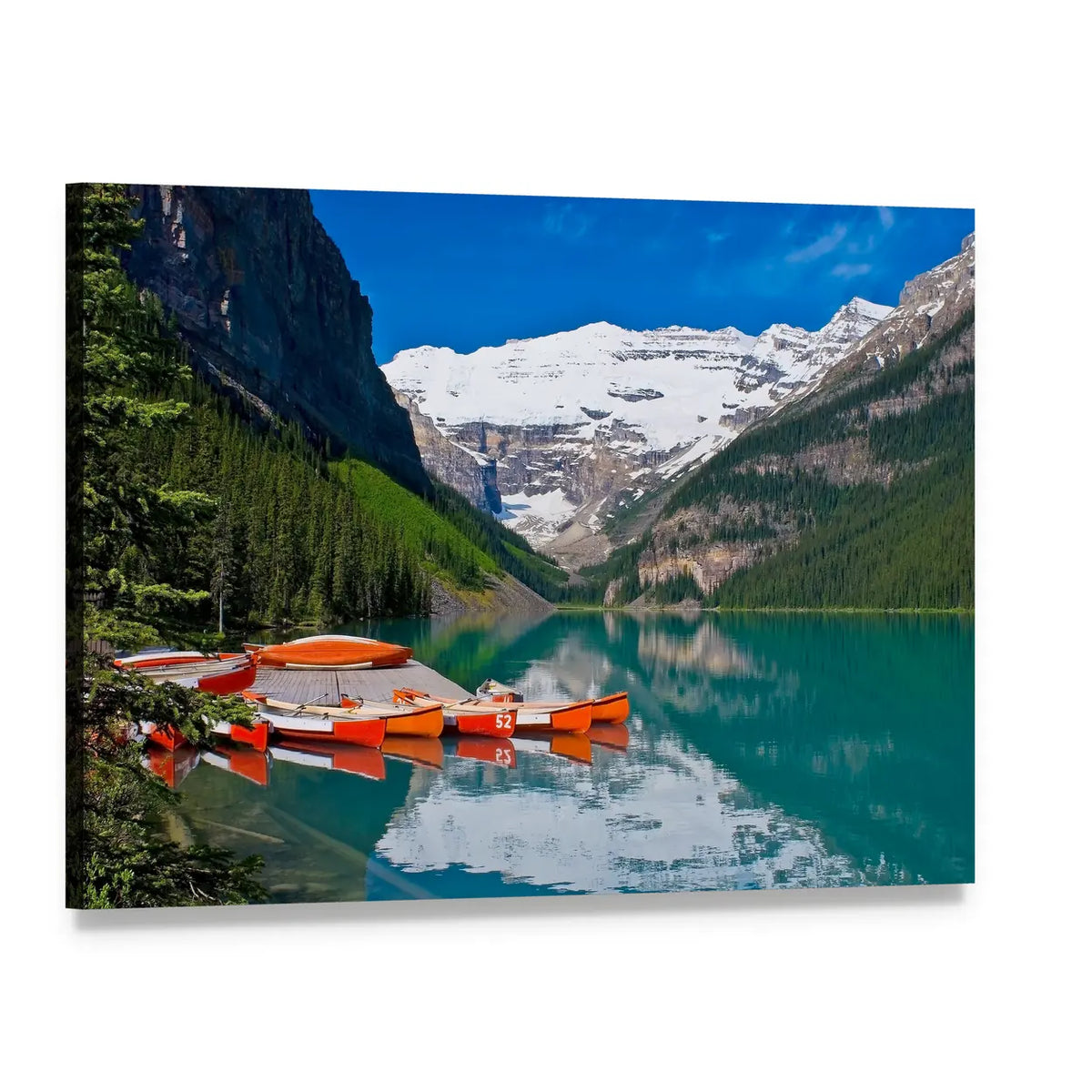 Orange Canoes on Alpine Lake Canvas Wall Art, single panel gallery wrapped canvas, angled product view