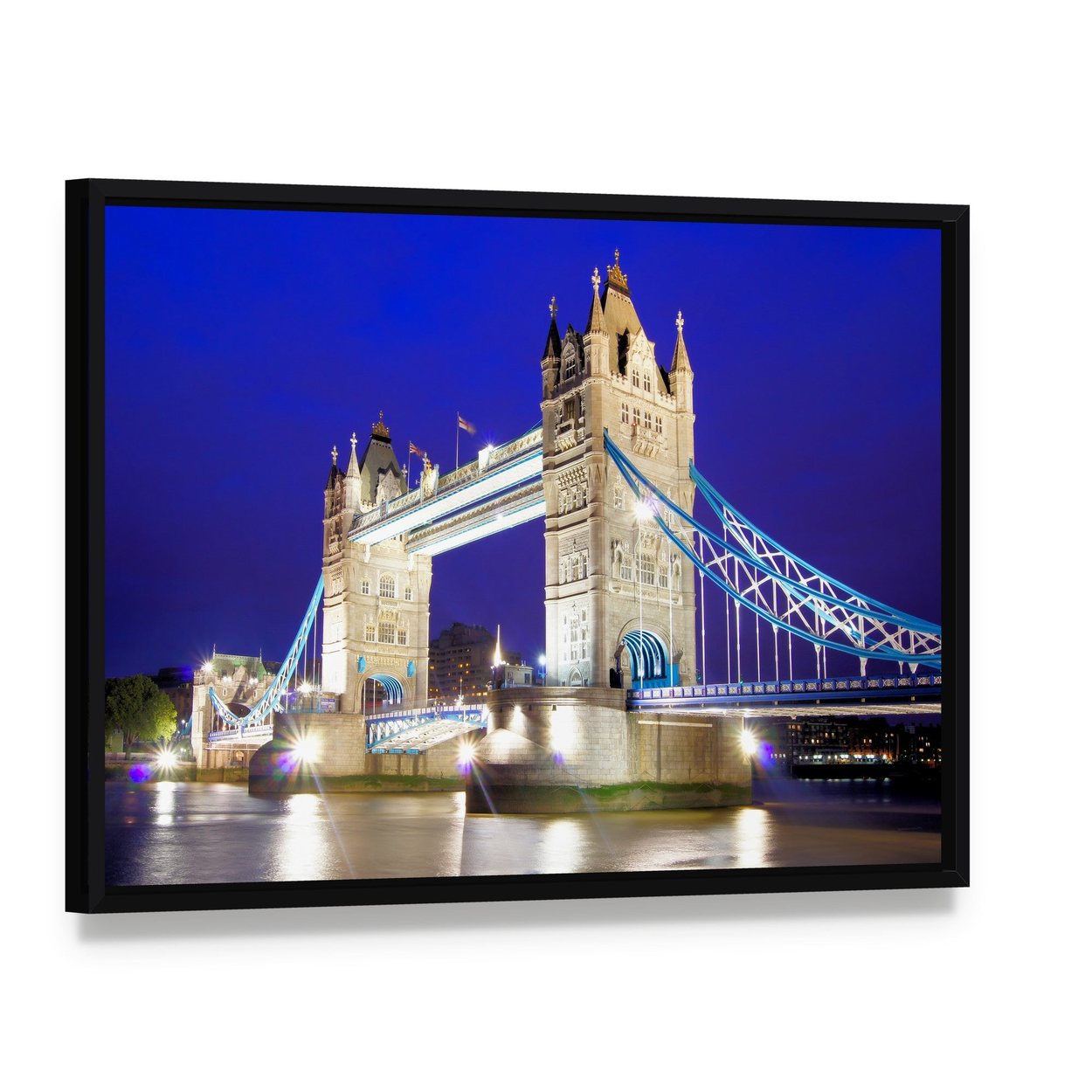 Tower Bridge Over River Thames Canvas Wall Art, framed canvas in a black floater frame, angled product view