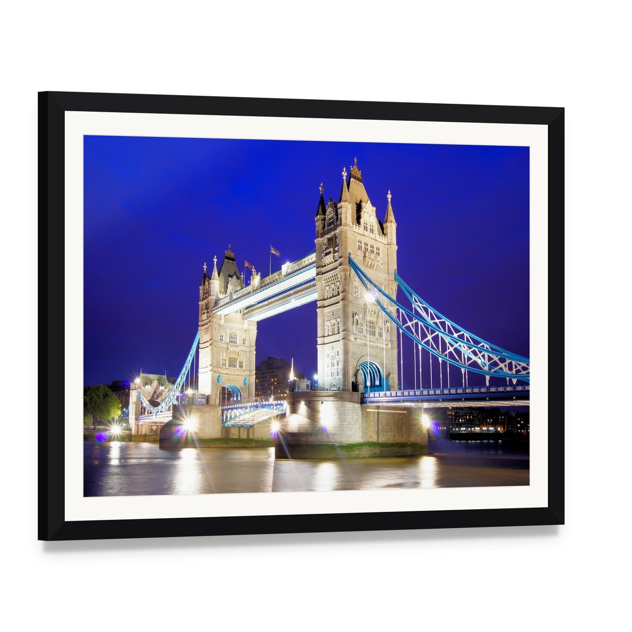 Tower Bridge Over River Thames Canvas Wall Art, framed print with white mat and black frame, angled product view