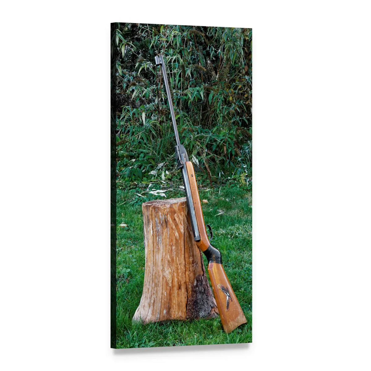 Wooden Rifle on Tree Stump Vertical Canvas Wall Art, 1 panel 1 Vertical layout gallery wrapped canvas set, angled product view