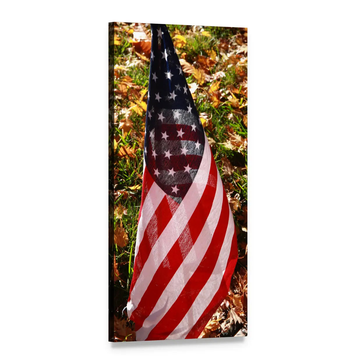 American Flag in Fall Vertical Canvas Wall Art, 1 panel 1 Vertical layout gallery wrapped canvas set, angled product view