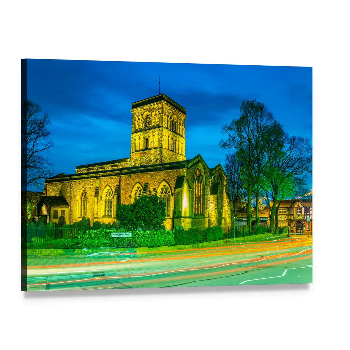St Nicholas Church Leicester Night View Canvas Wall Art, single panel gallery wrapped canvas, angled product view