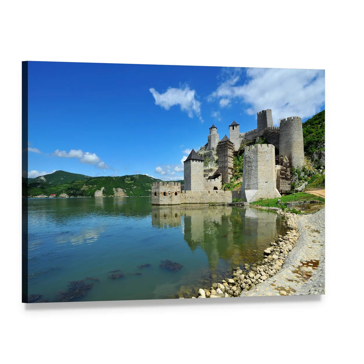 Golubac Castle by Calm Water Canvas Wall Art, single panel gallery wrapped canvas, angled product view