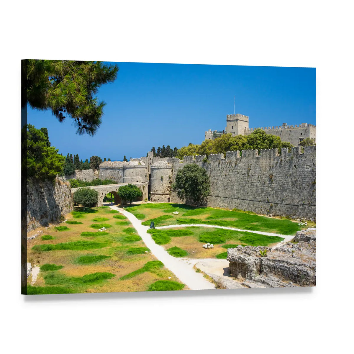 Stone Fortress Walls and Path Canvas Wall Art, single panel gallery wrapped canvas, angled product view
