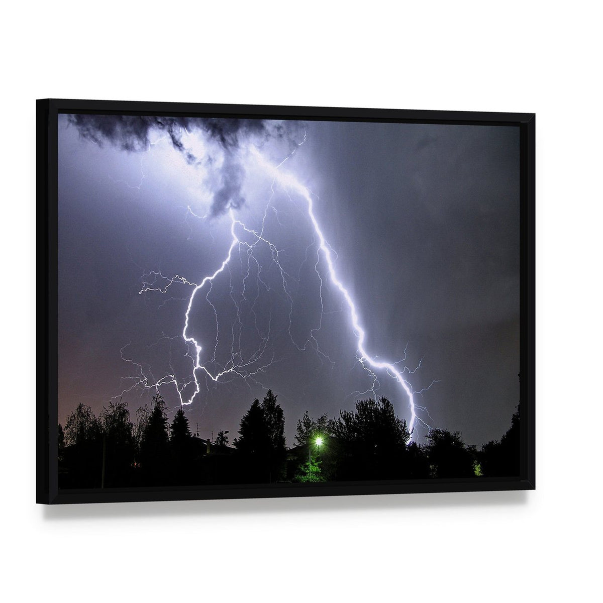 Lightning in Summer Storm Canvas Wall Art, framed canvas in a black floater frame, angled product view