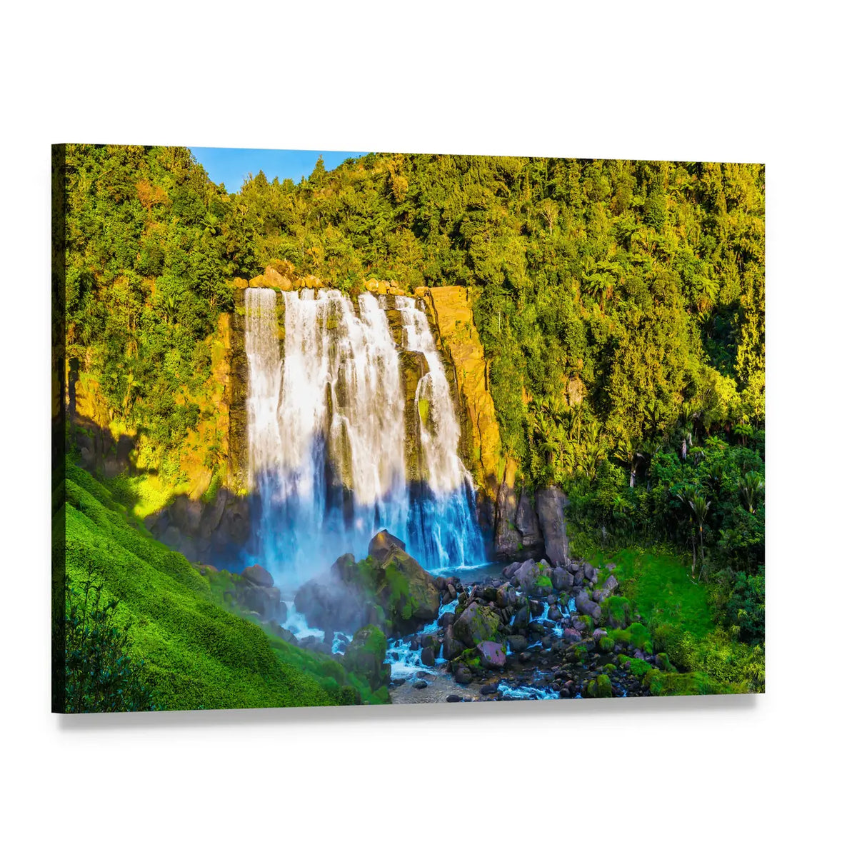 Marokopa Falls Over Forested Rocks Canvas Wall Art, single panel gallery wrapped canvas, angled product view