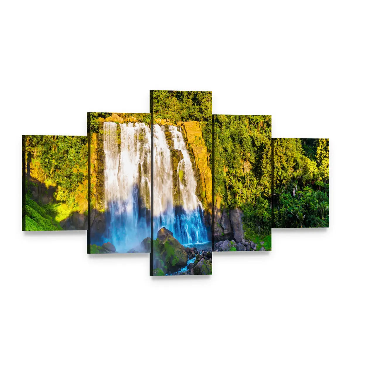Marokopa Falls Over Forested Rocks Canvas Wall Art, 5 panel 5 Star layout gallery wrapped canvas set, angled product view