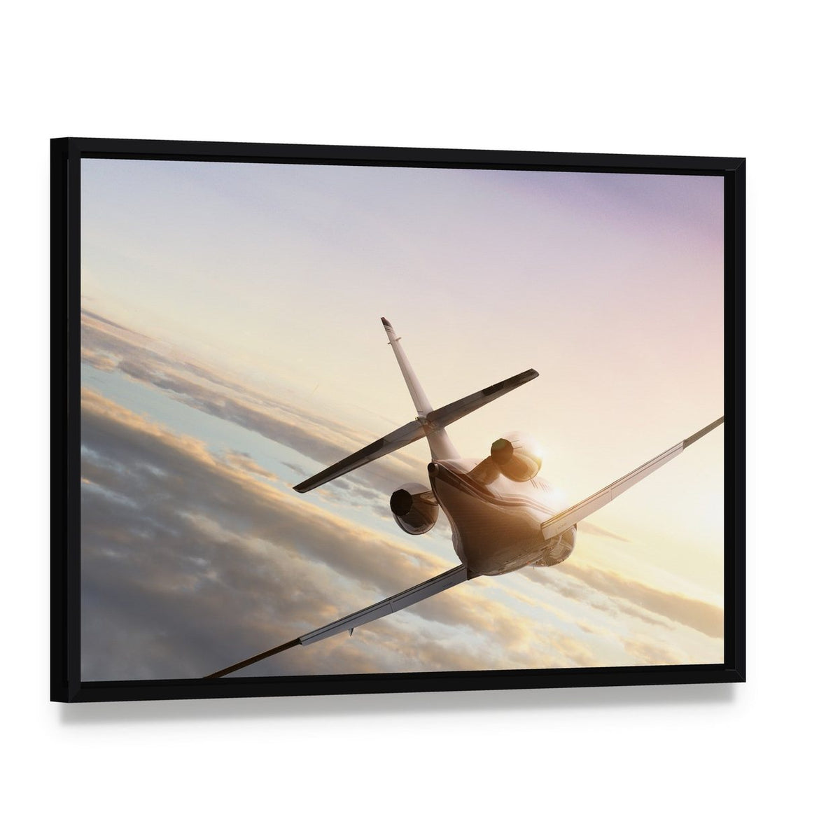 Commercial Airplane in Sky Canvas Wall Art, framed canvas in a black floater frame, angled product view