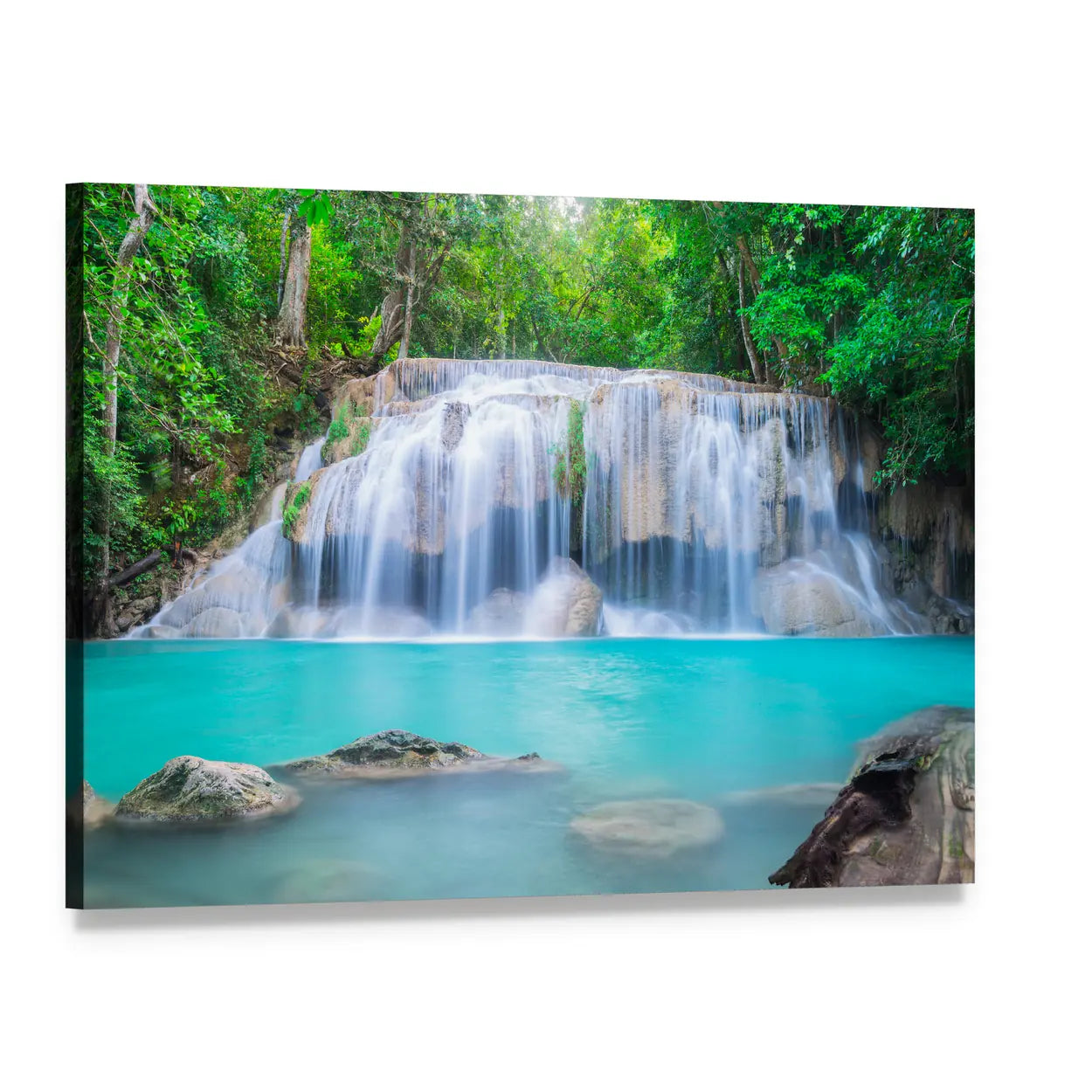 Tropical Waterfall with Turquoise Pool Canvas Wall Art, single panel gallery wrapped canvas, angled product view